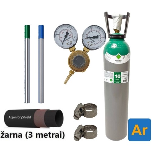 TIG suvirinimo priedų kompl.: užpildytas 10 l Argono balionas, reduktorius Ar/Co2, dujų žarna, volframiniai elektrodai, sąv