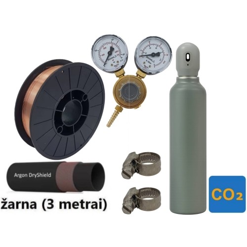 MIG/MAG suvirinimo priedų kompl.: užpildytas 8 l CO2 balionas, reduktorius Ar/Co2, dujų žarna, volframiniai elektrodai, sąv