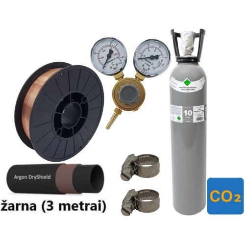 MIG/MAG suvirinimo priedų kompl.: užpildytas 10 l CO2 balionas, reduktorius Ar/Co2, dujų žarna, viela, sąvaržos