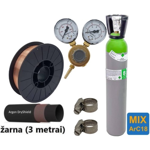 MIG/MAG suvirinimo priedų kompl.: užpildytas 8 l ArC18 (MIX) balionas, reduktorius Ar/Co2, dujų žarna, viela, sąvaržos