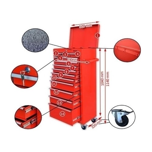 Tool trolley No 7 14 drawers, red