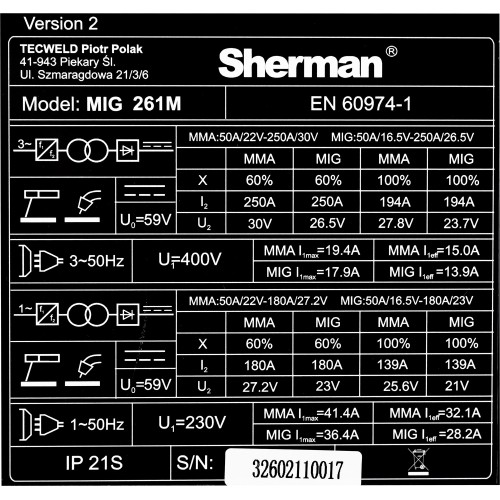 Inverter welder Sherman MIG 261M/4R