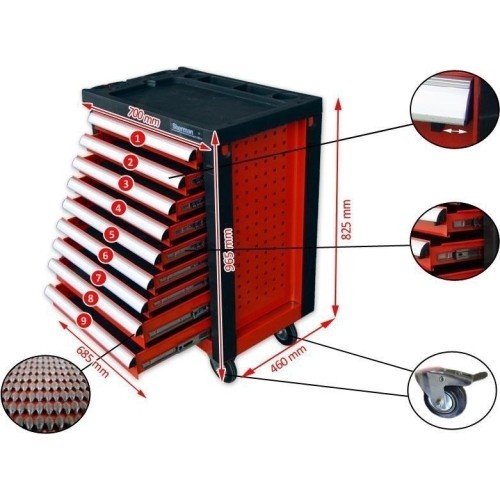 Tool trolley 9 drawers, red