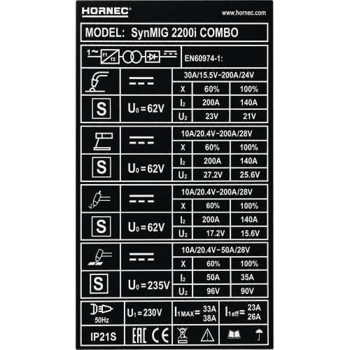 Suvirinimo aparatas HORNEC® smart SynMIG 2200i COMBO 5 in 1 (MIG / MMA  / TIG DC (HF) / PLASMA)