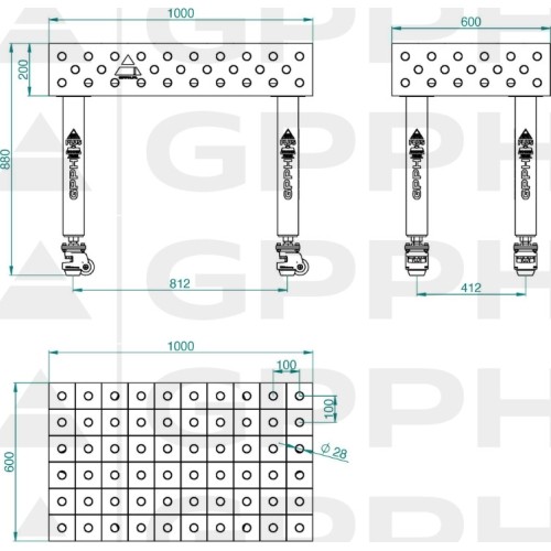 Suvirinimo stalas PRO 15 mm - 2000x1000mm - Φ16 - 50x50mm - Ant ratukų