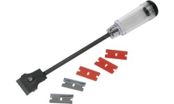 Extended razor scraper with interchangeable blades
