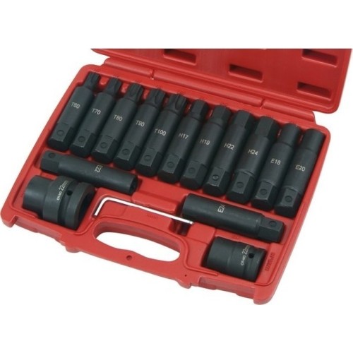 3/4" + 1" Smūginių antgalių rinkinys (TORX, E-TORX, HEX) 16vnt.