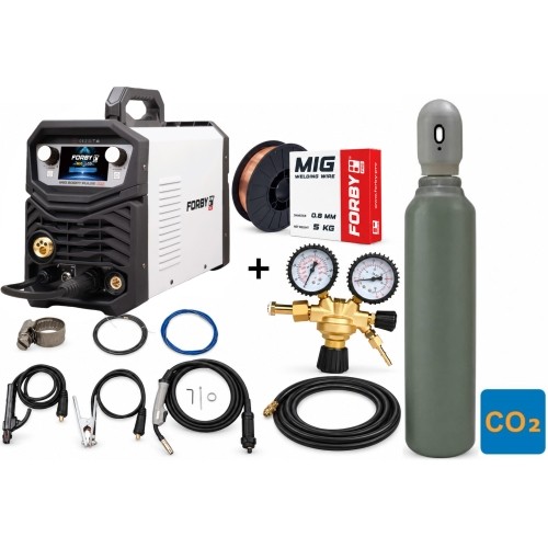 Pusautomačio KOMPLEKTAS FORBY® MIG 200PT LCD pulse (200A - 60%) (sinergetinis) + CO2 balionas 8l su priedais