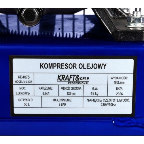 Oil-lubricated belt-driven air compressor, 50 l, 2.8 kW, 8 bar