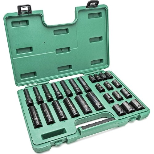 1/2" Prailgintų ir trumpų smūginių galvučių rinkinys (10-24mm)(26vnt) (plonasienės)
