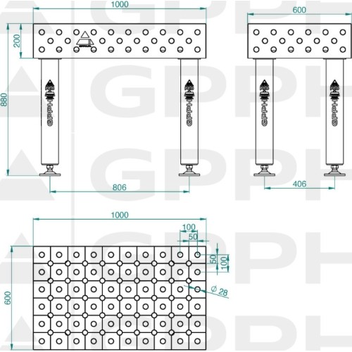 PRO INOX suvirinimo stalas 15 mm - 1000x1000mm - PRO INOX - Φ16 - 50x50mm - Ant ratukų