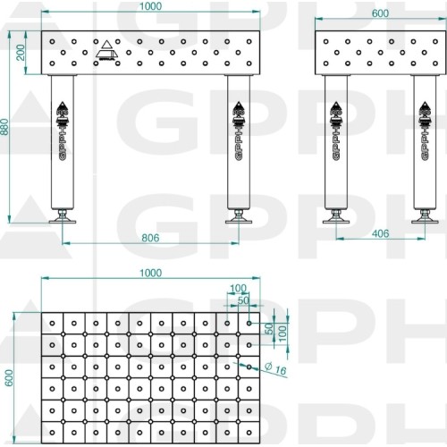 PRO INOX suvirinimo stalas 15 mm - 1000x600mm - PRO INOX - Φ16 - 50x50mm - Ant ratukų