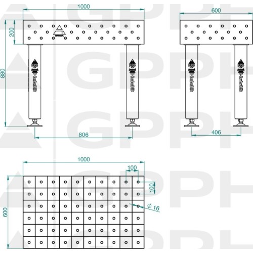 PRO INOX suvirinimo stalas 15 mm - 1200x1200mm - PRO INOX - Φ16 - 50x50mm - Ant ratukų