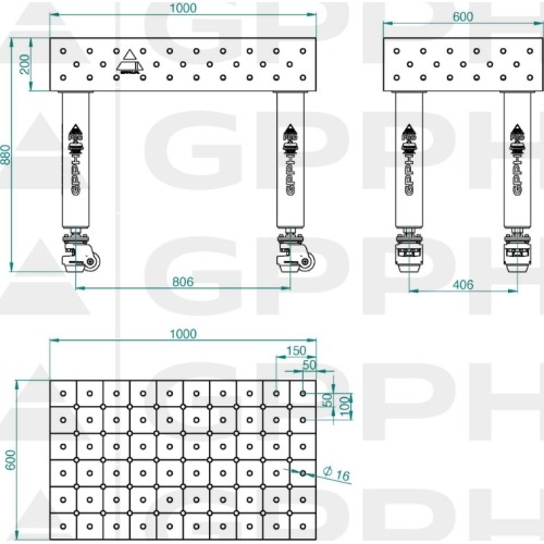PRO INOX suvirinimo stalas 15 mm - 1200x800mm - PRO INOX - Φ16 - 50x50mm - Ant kojelių