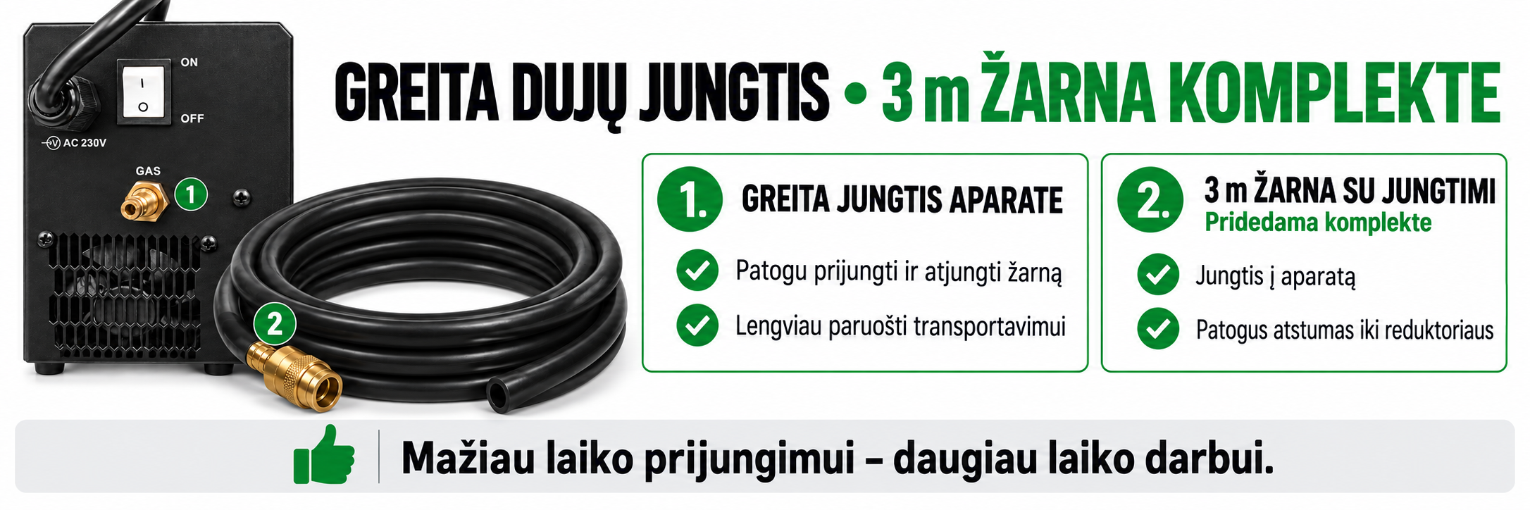 FORBY suvirinimo aparato greita dujų jungtis ir komplekte esanti 3 m dujų žarna su jungtimi į aparatą